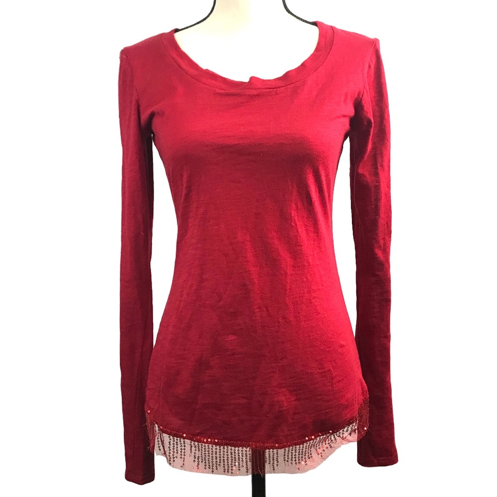 BKE Red Sequin Lace Long Sleeve Top - Picture 2 of 5